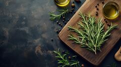 Rosemary Sprigs in Olive Oil on Rustic Board