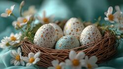 Rustic Woven Basket With Pastel Easter Eggs and Flowers