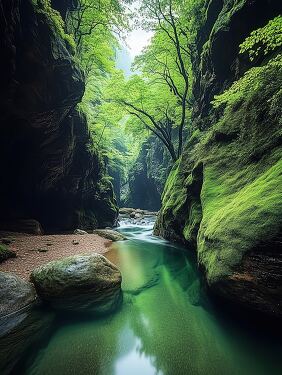 Serene River Flows Through Lush Green Canyon Landscape