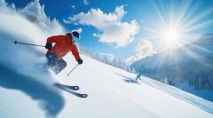 Skier Soaring Down a Majestic Snowy Slope Under the Sun