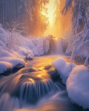 Small Waterfall in a Snowy Forest During Twilight