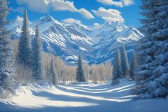 Snow covered Mountains and Trees in Colorado on a Bright Day