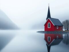 Solitary Red Chapel Emerges in a Misty Valley