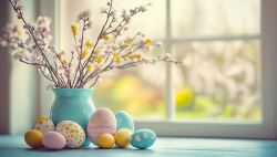 Spring Table Arrangement With Easter Decorations and Flowers