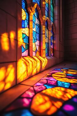 Stained glass windows with vibrant sunligh