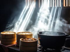 Steaming Bowls of Rice and Meat in a Farmhouse Kitchen