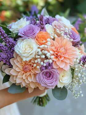 Stunning Bridal Bouquet of Dahlias and Roses in Pastel Tones