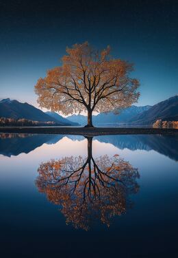 Stunning Twilight Reflection of a Tree on Calm Lake