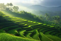 Sunrise Over Lush Rice Terraces in Bali