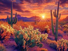 Sunset Glow Over Cacti in Serene Desert Landscape