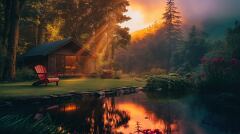 Sunset Over Tranquil Garden With Cozy Cabin