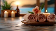 Tranquil Wellness Spa With Candles and Towels at Sunset