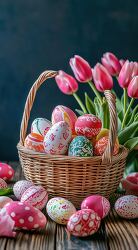 Vibrant Easter Basket With Tulips and Painted Eggs