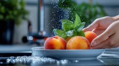 Washing Peaches and Mint in a Modern Kitchen