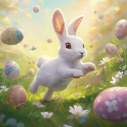 White Rabbit Runs Joyfully Among Easter Eggs and Flowers