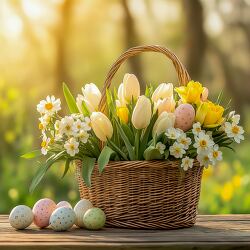 Wicker Basket Filled With Flowers and Easter Eggs on a Table