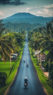 Winding Asphalt Road Through Lush Indonesian Countryside