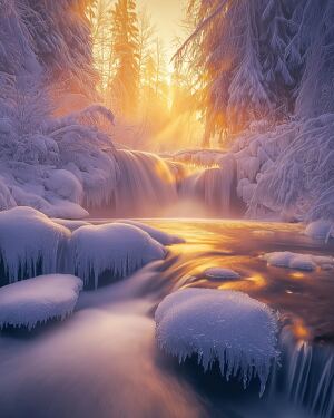 Winter Twilight at a Serene Waterfall in the Forest