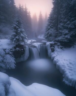 Winter Waterfall at Twilight With Mist and Glow