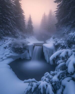 Winter Waterfall in Misty Forest During Twilight Glow