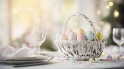 Woven Basket With Pastel Easter Eggs on Decorated Table