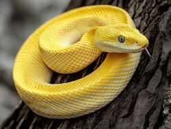 Yellow Coiled Viperine Snake Resting on Tree Trunk