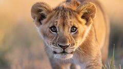 Young Lion Cub Exploring Its Natural Habitat at Sunset