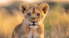 Young Lion Cub Gazes Curiously at Golden Sunset