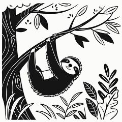 Sloth Hanging on a Tree Branch in Black Outline Design