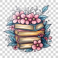 Stack of Books Surrounded by Pink Flowers and Leaves