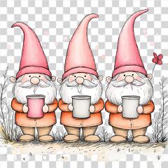 Three Gnomes Holding Cups in a Whimsical Garden Setting