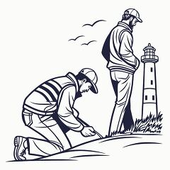 Two Men Working Near a Lighthouse on a Sunny Day