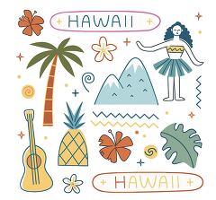 Vibrant Clip Art of Hawaiian Symbols and Landmarks