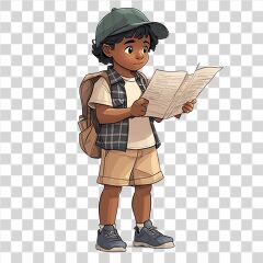 Young Boy Exploring a Guide While Standing Outdoors