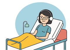 Young Woman Relaxes in Hospital Bed While Listening to Music