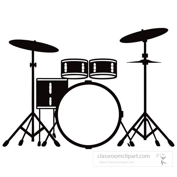  A dramatic silhouette of a drum set with cymbals stands out