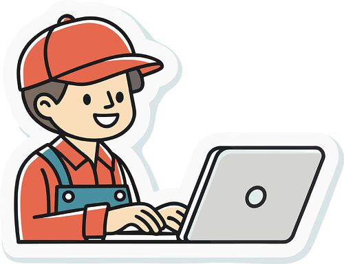 A cheerful man in a red cap and overalls is typing on a laptop in a simple cartoon style