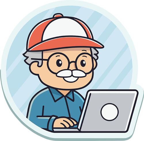 A smiling elderly man with glasses and a red cap is using a laptop in a cartoon style sticker