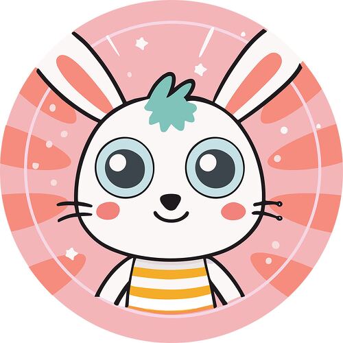 A cute bunny with big eyes and fluffy ears in a round pink sticker design