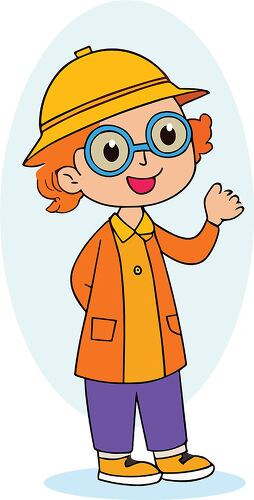 A young explorer in an orange coat and yellow hat greeting with a cheerful expression