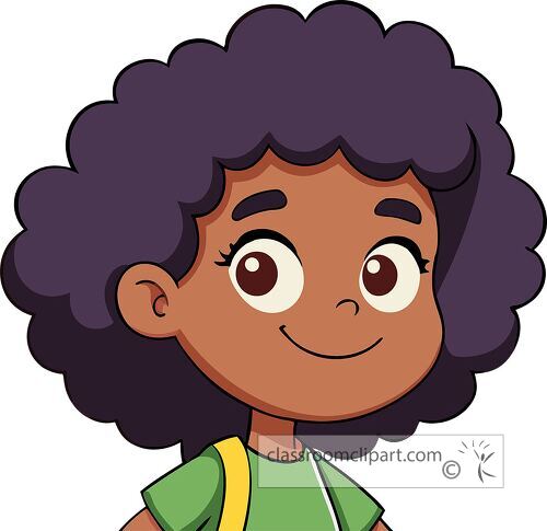 A cartoon illustration of an African American girl with curly hair a friendly smile