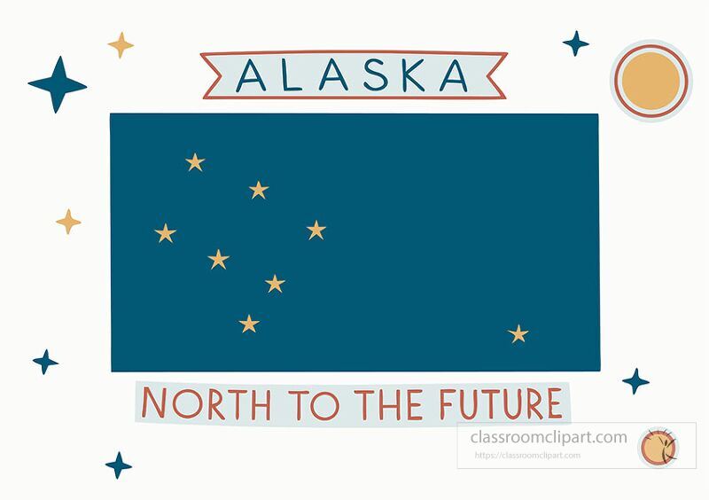 This artwork showcases Alaskas flag prominently adorned with stars and the phrase North to the future The design reflects the states identity in a vibrant and creative manner