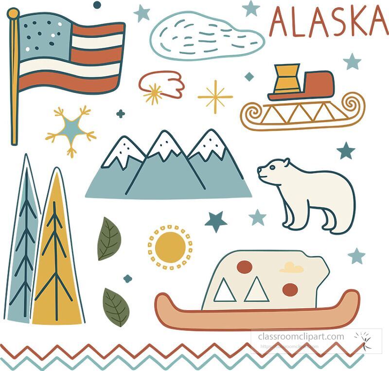 This design features iconic symbols of Alaska including mountains wildlife and traditional elements all illustrated in a vibrant and playful clip art style