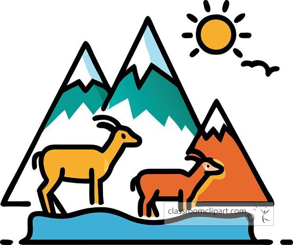 A colorful illustration of two goats in a mountainous landscape with snow-capped peaks, a sun, and a river.