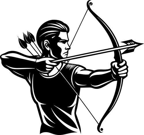 Archer concentrates while aiming a bow ready to release arrow