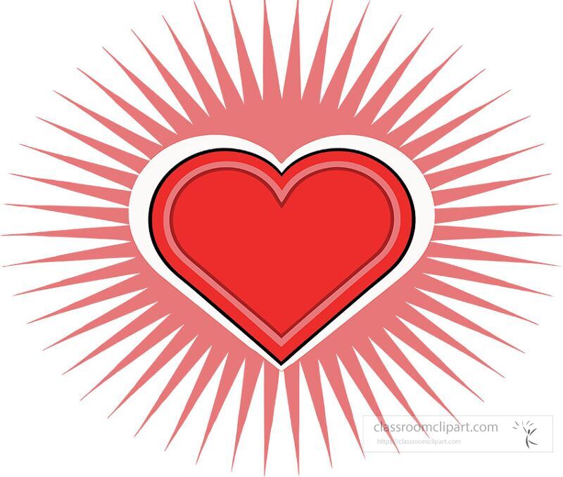 Two red hearts are boldly outlined and placed against a vibrant sunburst background. This design conveys strong emotions and symbolizes love connection and warmth.