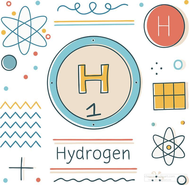 Exploring the essence of hydrogen this artwork features the chemical symbol and atomic number creatively intertwined with abstract designs. A vibrant depiction of chemistry and science.