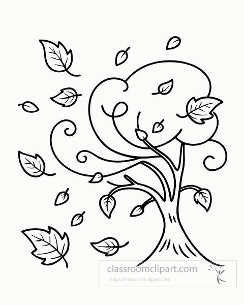 Enjoy coloring a lovely autumn tree with leaves blowing gently