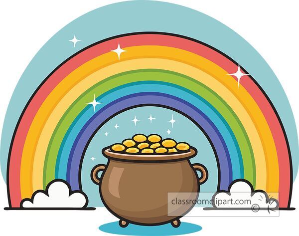 Brightly colored rainbow arches over a pot filled with gold coins for St Patricks Day