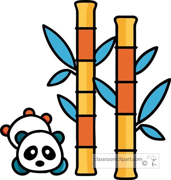 A cute cartoon panda lying next to colorful bamboo stalks with green leaves. The panda has a playful expression, and the bamboo is stylized with orange and yellow colors.